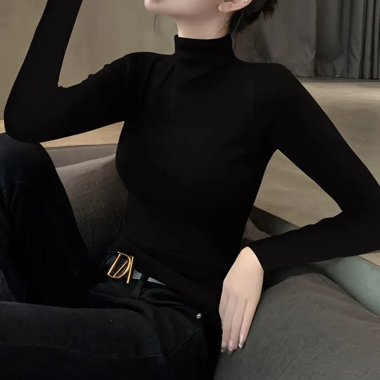 黑色半高领打底衫女内搭2024春秋新款长袖t恤洋气莫代尔修身上衣