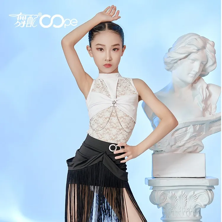 OOPE 舞配少儿童舞服练功服夏季新款白黑流苏拉丁舞套装  L31089