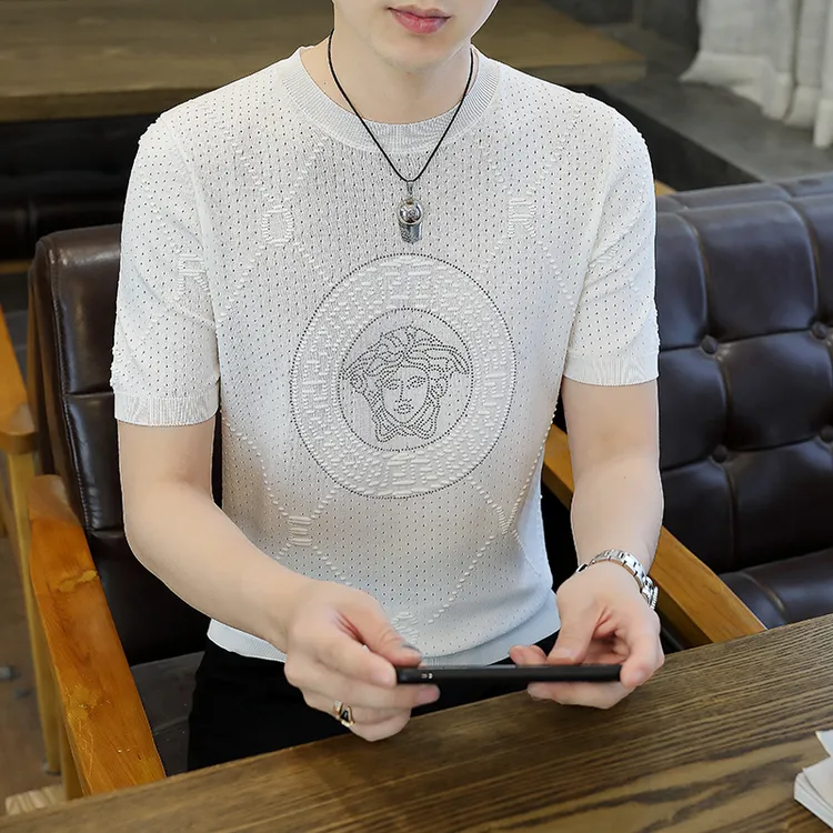 【轻奢定制】男士冰丝短袖T恤夏季薄款修身圆领针织体恤衫男装-H