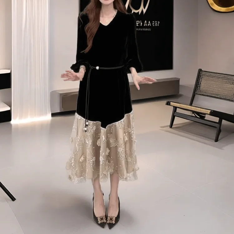 【配腰带】高级感法式刺绣拼接连衣裙女2025春秋新款优雅气质长裙