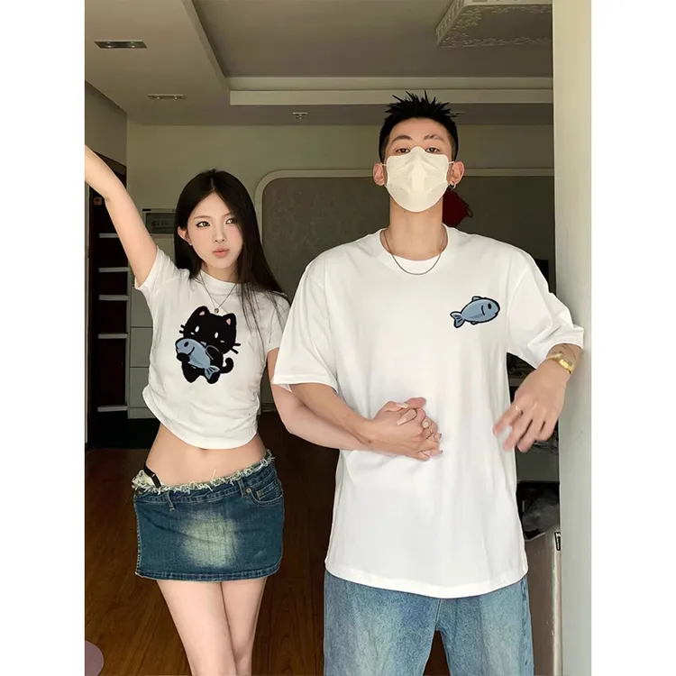 特别的情侣装情侣短袖新款夏装季一长一短修身220g纯棉短袖T恤猫