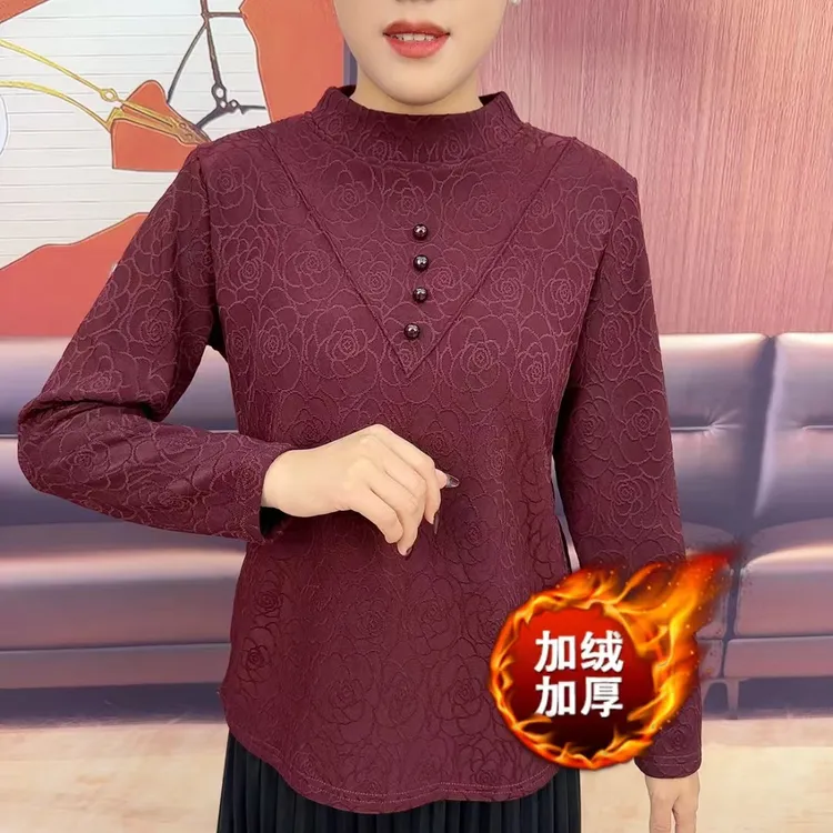 533-3冬季加绒加厚提花四个扣打底衫上衣妈妈装