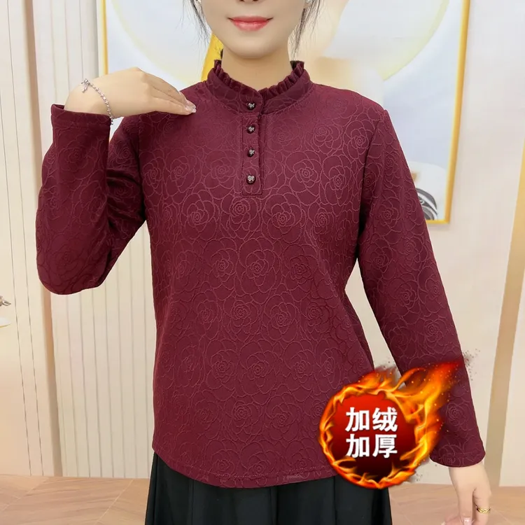 2306-5冬季加绒加厚提花荷叶领打底衫上衣妈妈装 