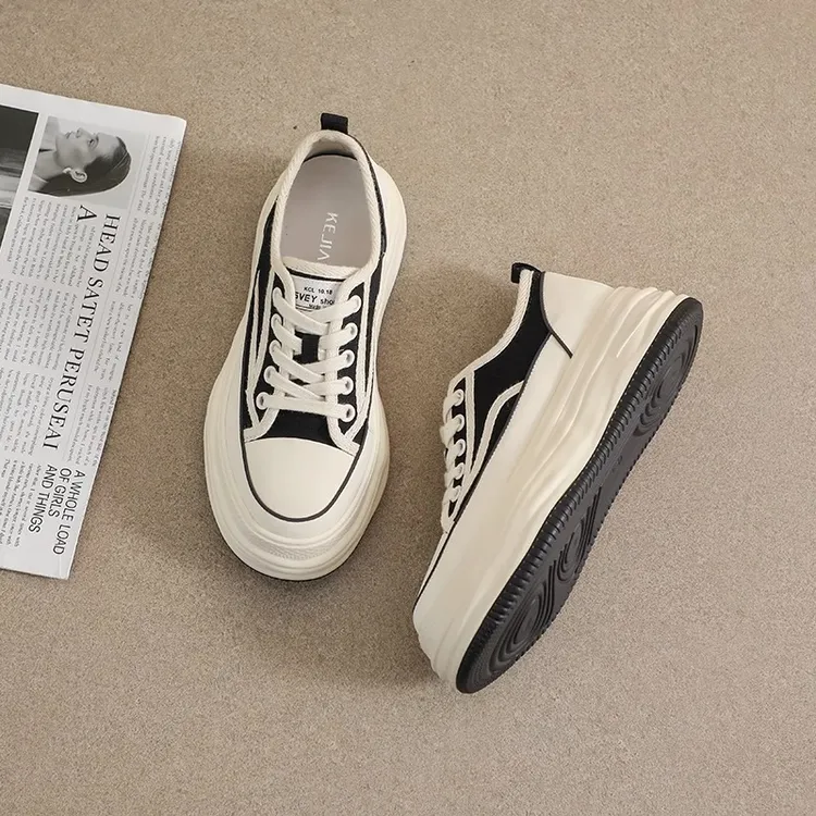 PinkAvril休闲厚底帆布鞋秋冬2023年新款松糕百搭时尚系带单鞋女