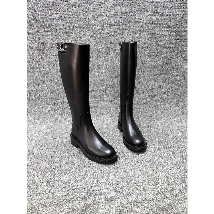 PinkAvril长靴女2025秋冬新款平跟圆头骑士高筒靴侧拉链粗跟女靴~