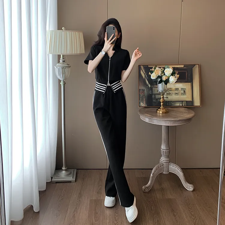 运动套装女款夏季2025新款洋气减龄直筒黑色百搭时尚休闲两件套