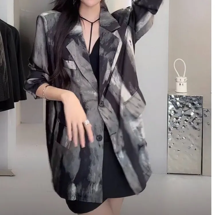 8006复古扎染西装女宽松显瘦高级感薄款垂感长袖西服上衣时尚