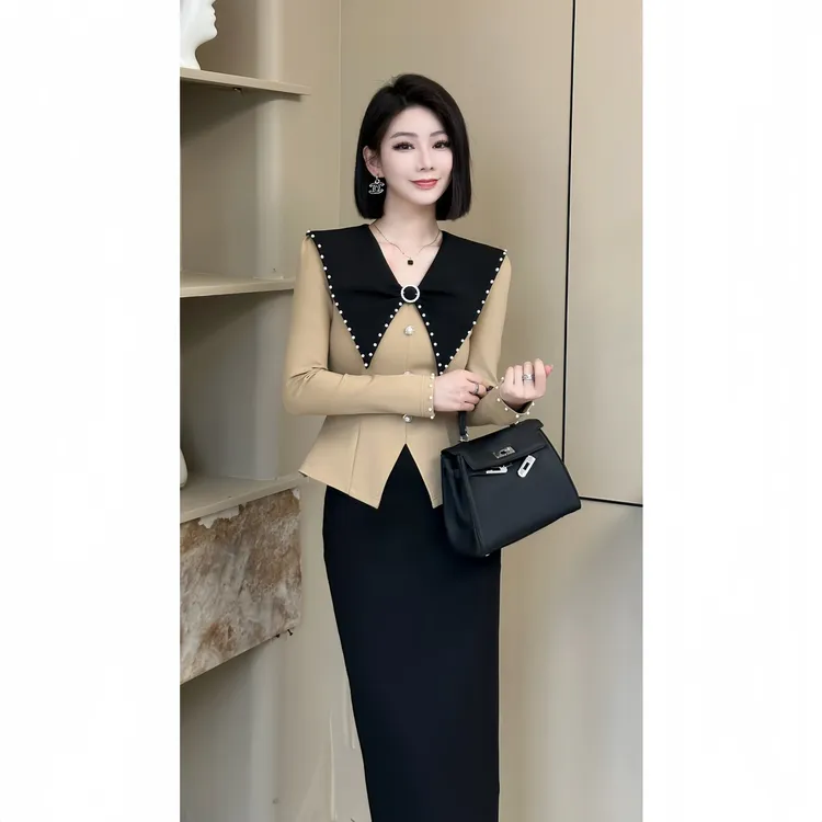 格娜原创新款气质钉珠海军领优雅显瘦轻奢春季女神范修身两件套裙