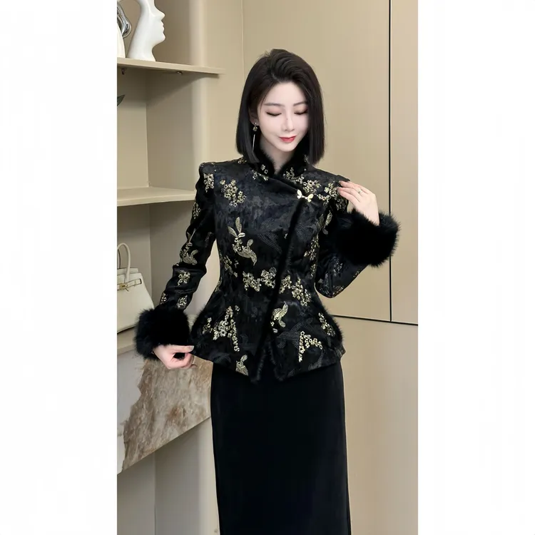 格娜【东方金兰】高级感新中式绣花秋冬一整套毛毛袖气质女装两件套