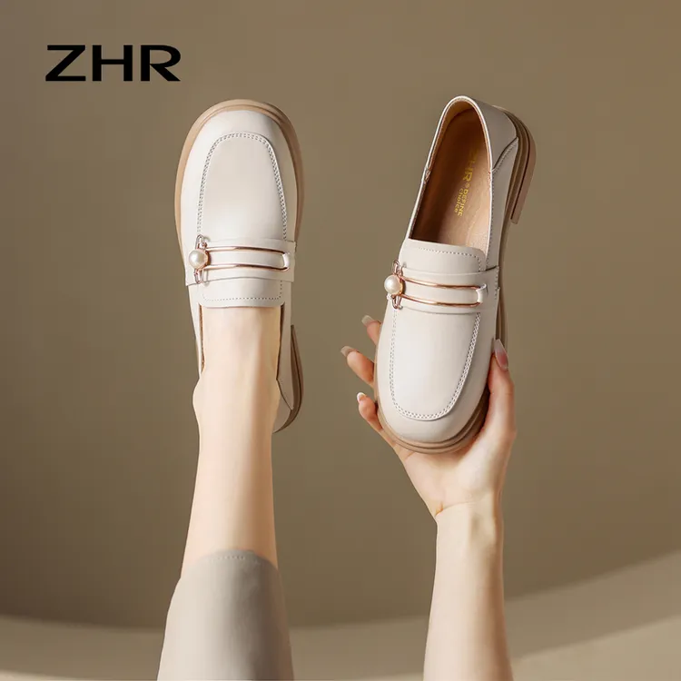 ZHR/则则单鞋女2025秋季新品气质珍珠两穿乐福鞋一脚蹬真牛皮女鞋