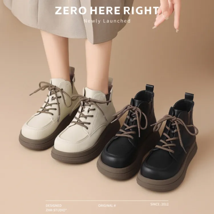 ZHR/则则马丁靴女秋冬新款加绒厚底圆头英伦风短靴复古系带女鞋Z