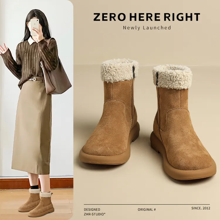ZHR/则则真皮雪地靴女2025冬季新款时尚平底短靴加厚防滑保暖女靴