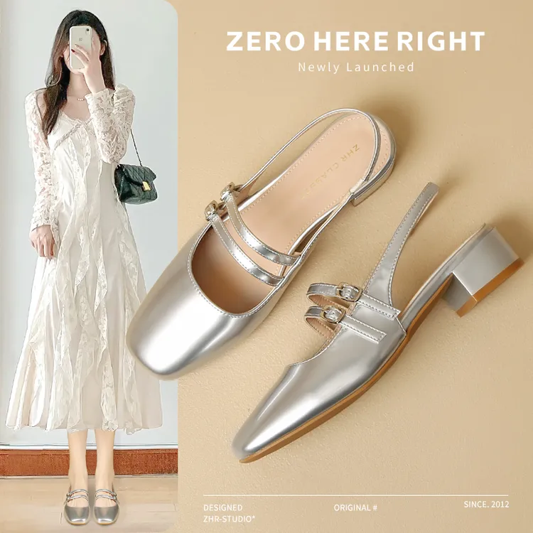 ZHR/则则双扣搭优雅包头凉鞋女2025夏季粗跟舒适玛丽珍鞋外穿凉鞋