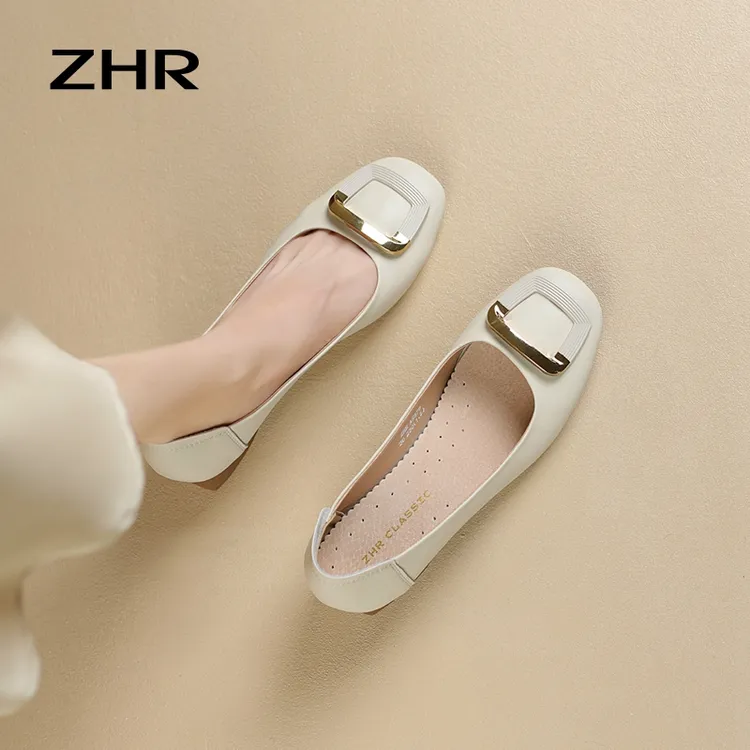 ZHR/则则真皮粗跟单鞋女2025年夏季浅口方扣方头温柔玛丽珍女鞋
