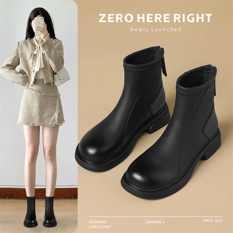 ZHR/则则圆头粗跟短靴女英伦风马丁靴加绒百搭通勤女鞋冬季瘦瘦靴