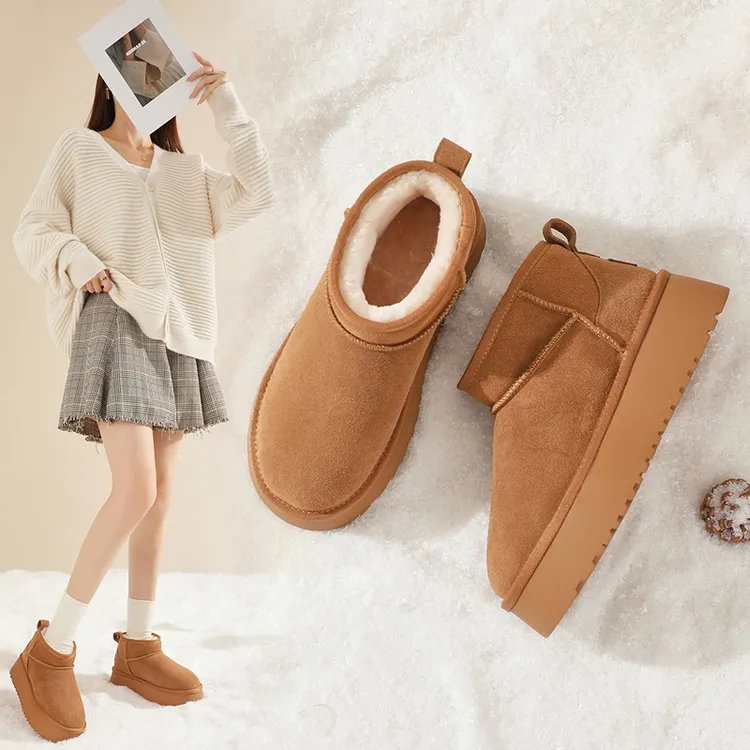 ZHR/则则短筒雪地靴女冬时尚防滑厚底百搭棉鞋加绒保暖真皮面包靴