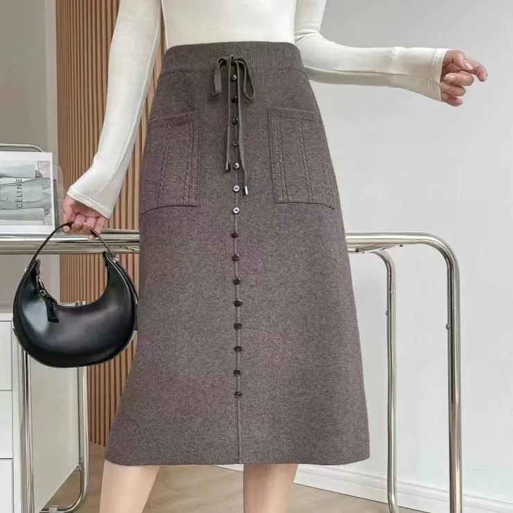 秋冬双口袋加厚针织半身裙女时尚百搭显瘦弹力高腰保暖妈妈裙