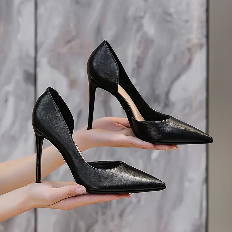 【羊皮】职业OL通勤黑色软皮侧空尖头单鞋女气质米白色高跟鞋女细跟