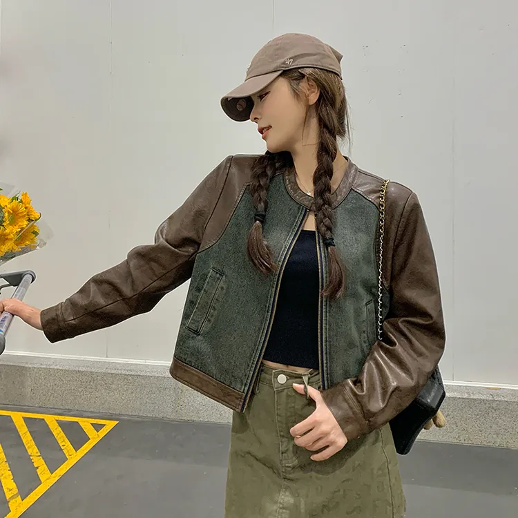 欧货短款PU皮拼接牛仔外套女2024秋冬小个子复古港风夹克上衣开衫