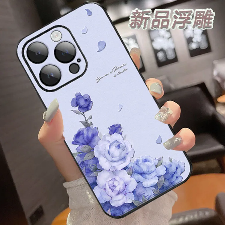 玫瑰簇苹果14手机壳新款浮雕13pro女款11全包防摔12简约x情侣8p潮