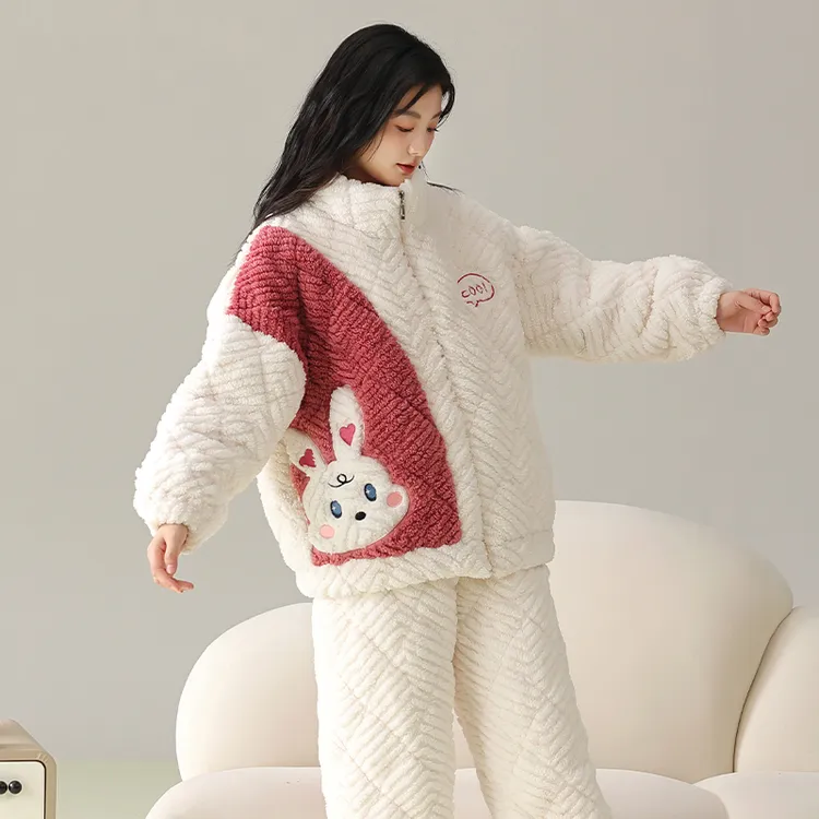 帕兰朵三层珊瑚绒夹棉睡衣女冬款加厚加绒保暖可爱卡通棉袄家居服