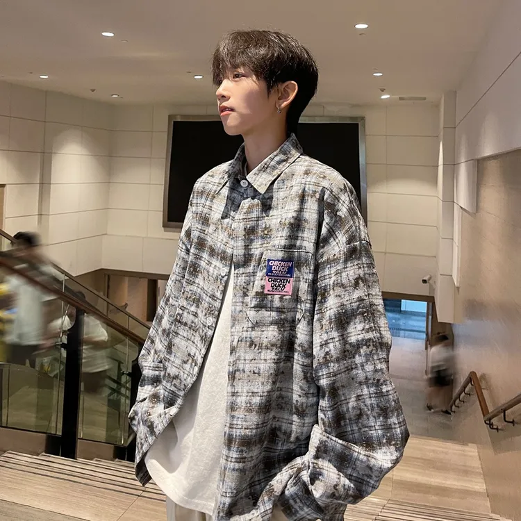 刺绣格子长袖衬衫男春夏美式复古潮牌高街小众宽松工装衬衣薄外套