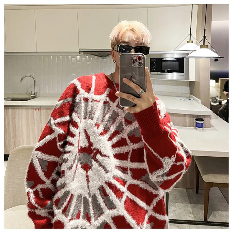 毛衣男款秋冬新款美式高街潮牌蜘蛛提花慵懒风宽松套头针织衫线衣