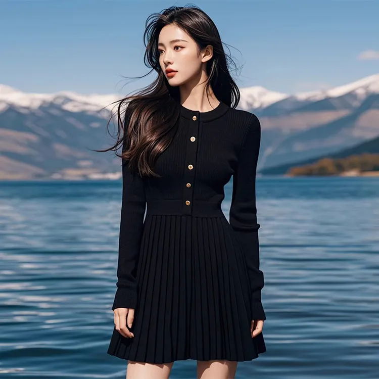 法式黑色掐腰针织连衣裙子女装秋冬季2025新款配大衣内搭打底短裙