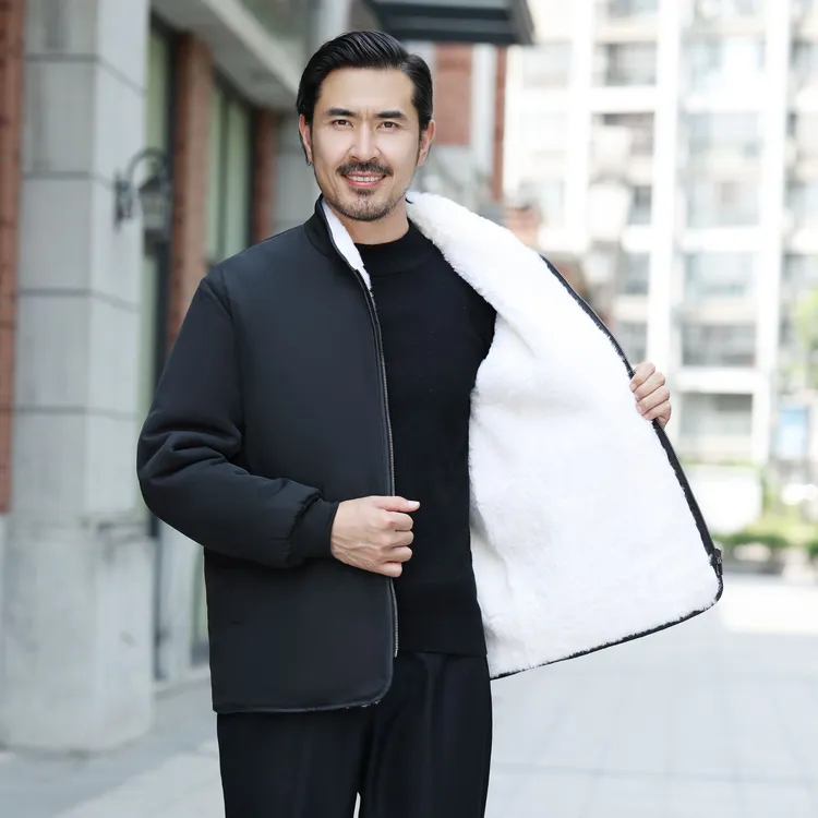 皮毛一体羊皮袄男新款羊羔毛中老年冬季立领宽松男士棉袄保暖上衣