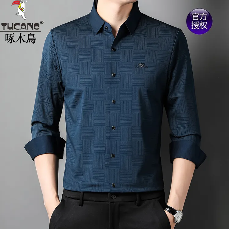 啄木鸟春季免烫抗皱男士印花长袖衬衫轻奢商务休闲百搭无痕衬衣男