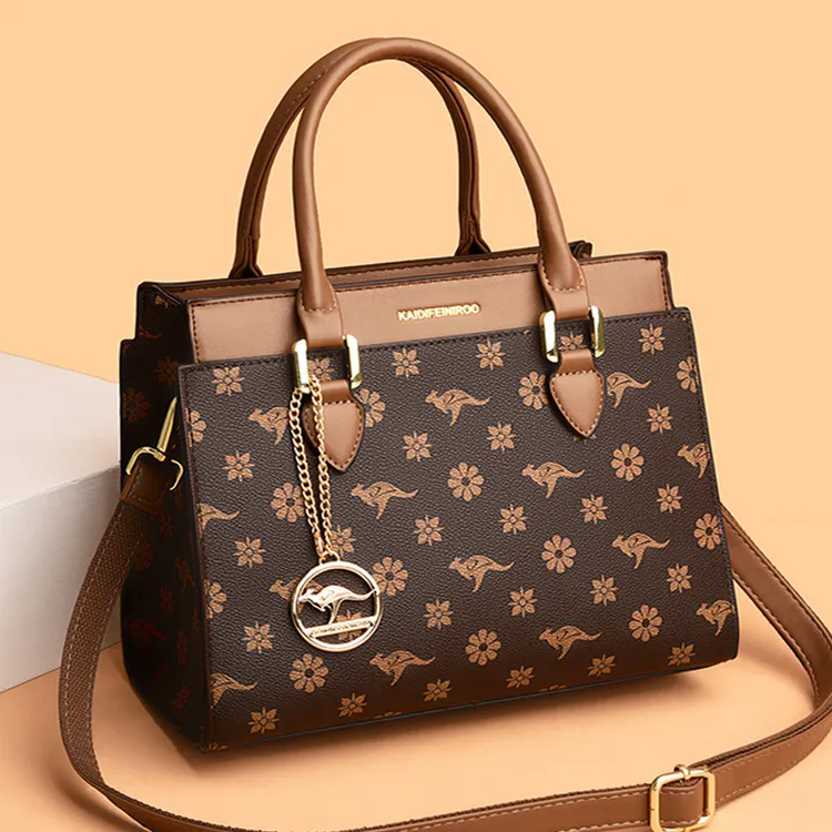 袋鼠真软皮大气女士包包新款妈妈包中年时尚大容量斜挎手提包女