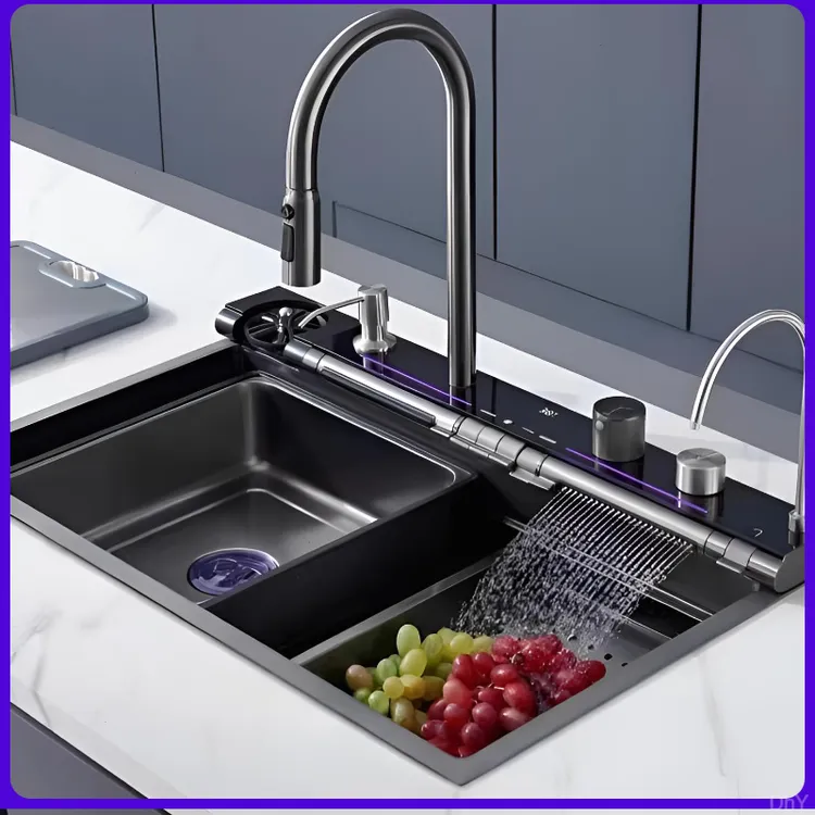 蓝鲸鱼水槽水槽不锈钢水槽飞雨抽拉瀑布龙头套装厨房洗菜盆大单槽