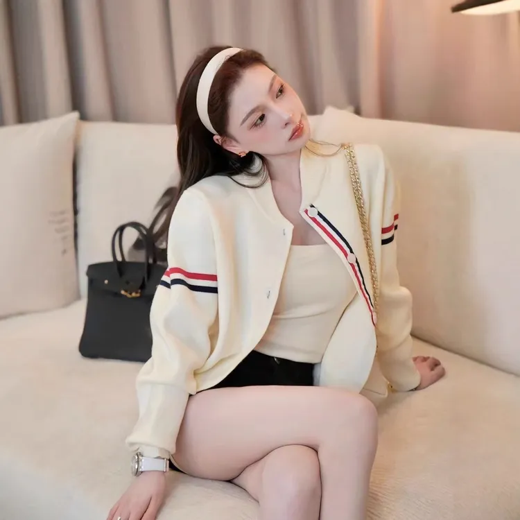 秋冬新款tb双袖彩色织带棒球领彩色织带拼接长袖针织开衫毛衣外套