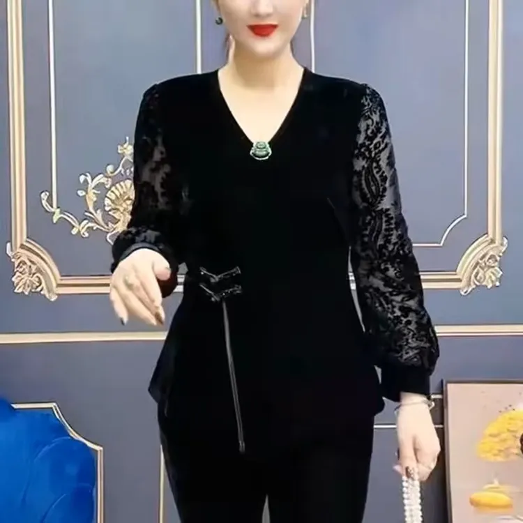 高档打底衫2024春夏秋季新款中年妈妈时尚气质长袖镂空妈妈装小衫