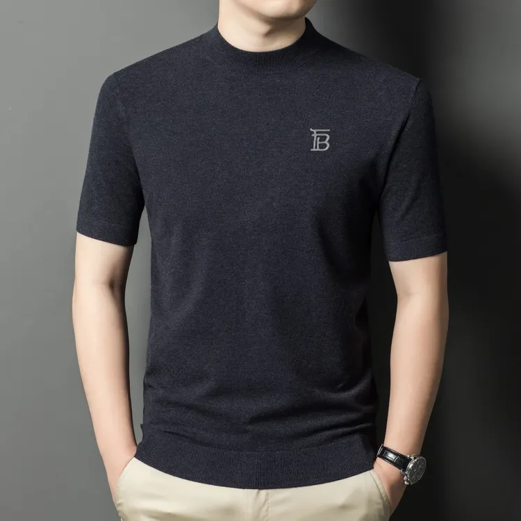 纯色正品薄款短袖T恤半袖休闲半高领薄款针织羊绒衫中老年男士