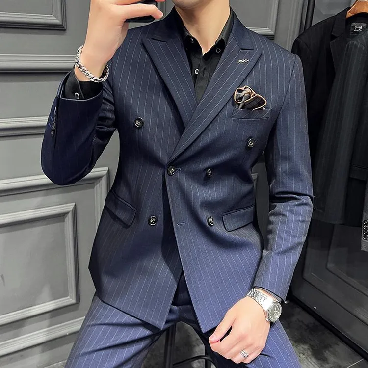 袋鼠双排扣西装男套装英伦风条纹结婚新郎西服高档商务休闲正装