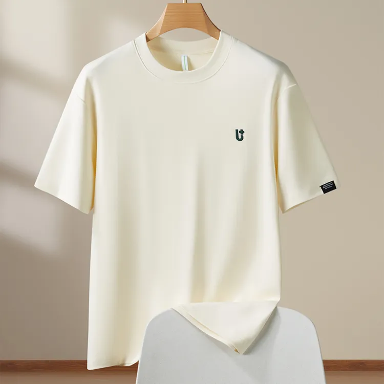 景君澜高棉磨毛圆领短袖打底衫男士新款高端字母刺绣休闲内搭上衣