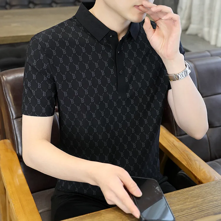 景君澜冰丝无痕男polo衫夏季高端休闲印花衬衫领短袖体恤成熟半袖