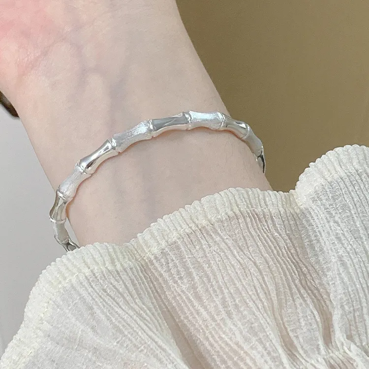 足银手镯 竹节银手镯女纯银s999实心推拉款ins足银镯子节日送女友