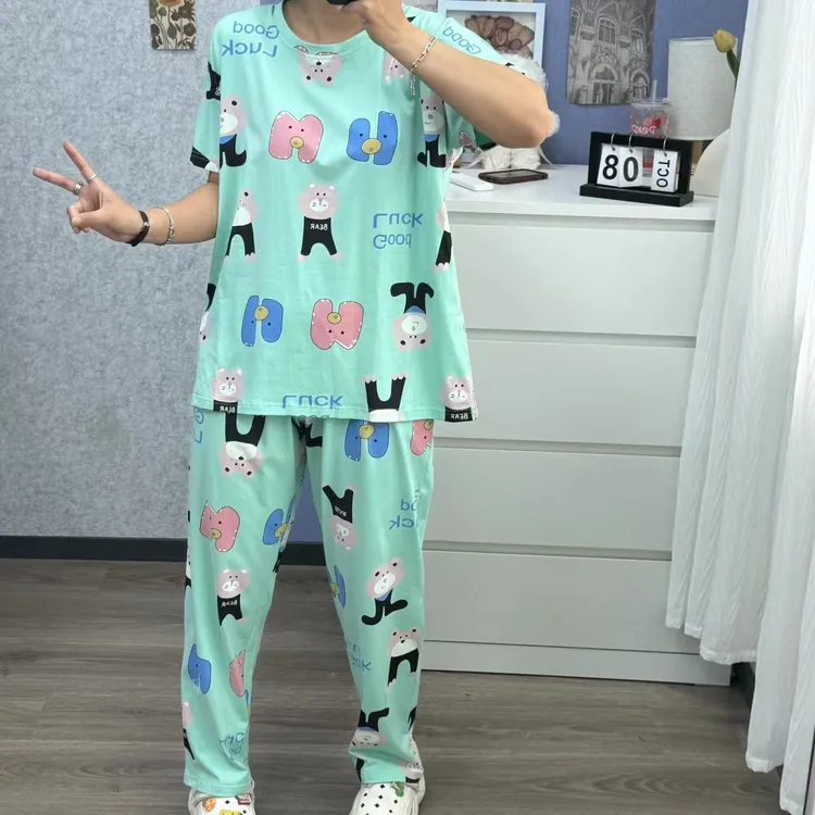 短袖长裤睡衣女家居服卡通字母猪印花宽松休闲散腿裤家居服