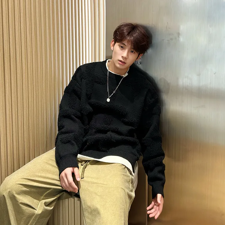 假两件针织衫男秋冬保暖加厚植绒情侣宽松大码毛衣外套潮