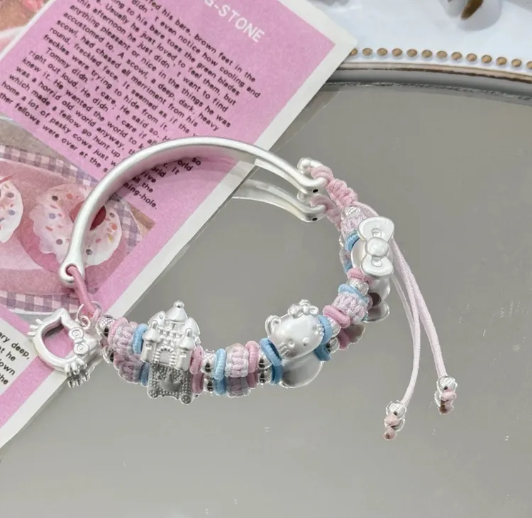 足银手链 编织足银999helloKitty足银可爱甜美半镯半链闺蜜学生