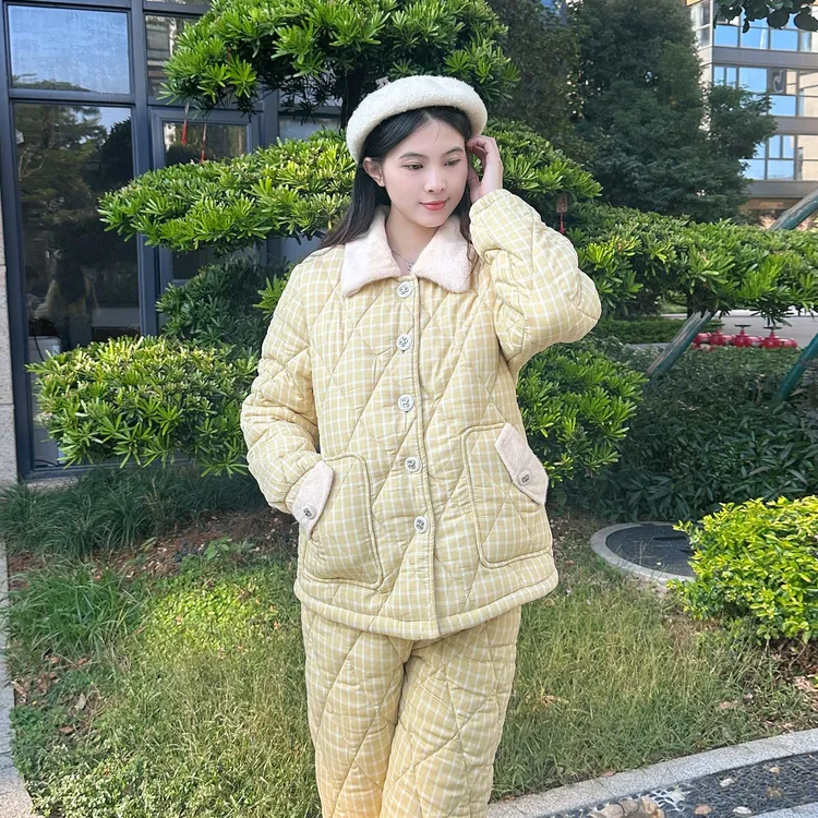 【秋日原野】爆款新款纯棉黄格夹棉睡衣女冬季加厚加绒保暖家居服