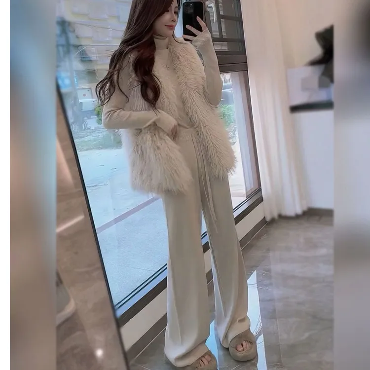 三件套高级设计感轻奢毛毛流苏环保皮毛马甲打底针织衫设阔腿裤