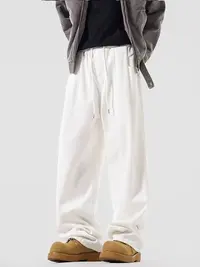 日系褶皱白色裤子男春秋潮牌宽松直筒阔腿裤纯棉百搭休闲长裤-05