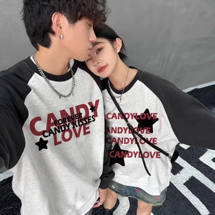 加大300斤美式潮牌情侣卫衣男女秋冬加绒潮牌宽松插肩袖圆领上衣