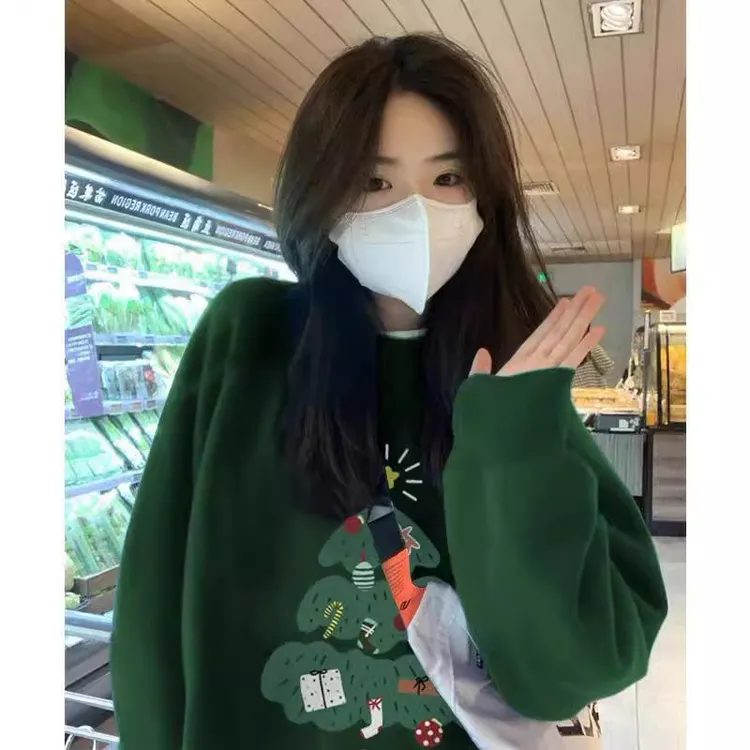 加肥大码300斤复古港风休闲墨绿色圆领卫衣男女秋冬宽松百搭上衣