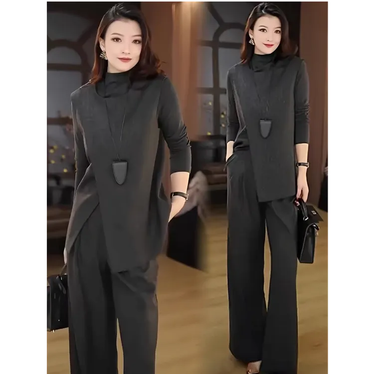 高级感时尚套装女士春秋新款气质马甲长袖打底衫阔腿裤休闲三件套