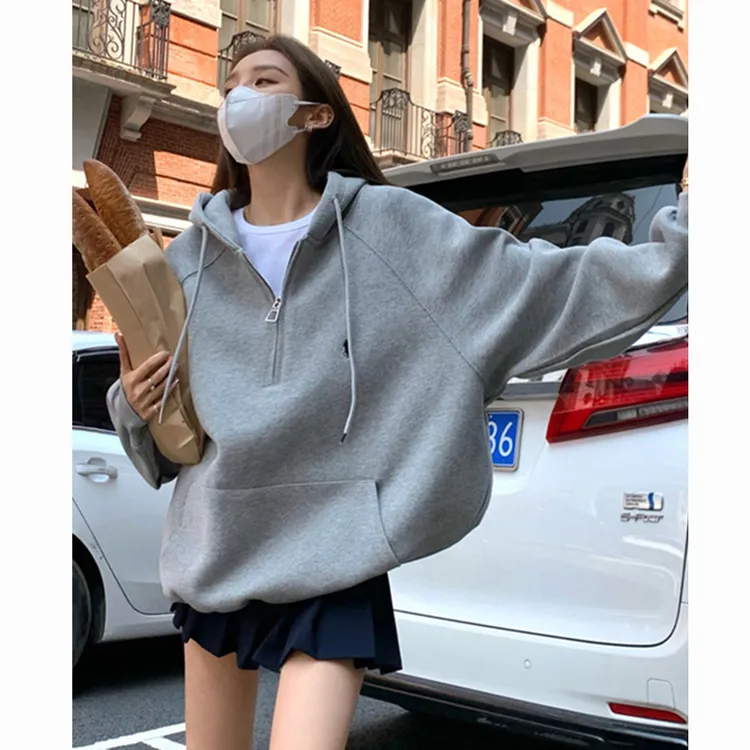 连帽半拉链加绒卫衣女秋冬季小个子oversize外套小众设计长袖上衣