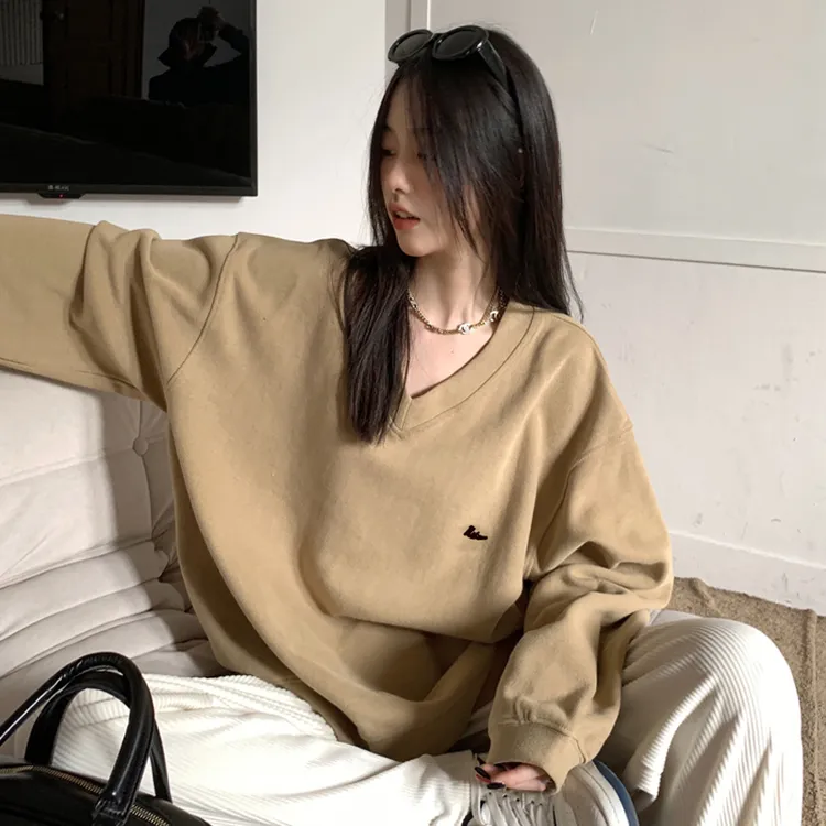 美式V领卫衣女早秋款2025新款宽松无帽套头复古慵懒长袖长袖上衣